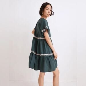 Madewell Embroidered Linen-Blend Flutter-Sleeve Mini Dress green pink medium